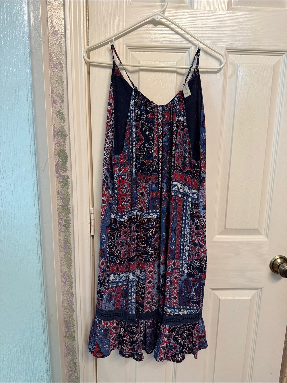 Allison Joy Navy Blue and Red Patchwork Midi Dress